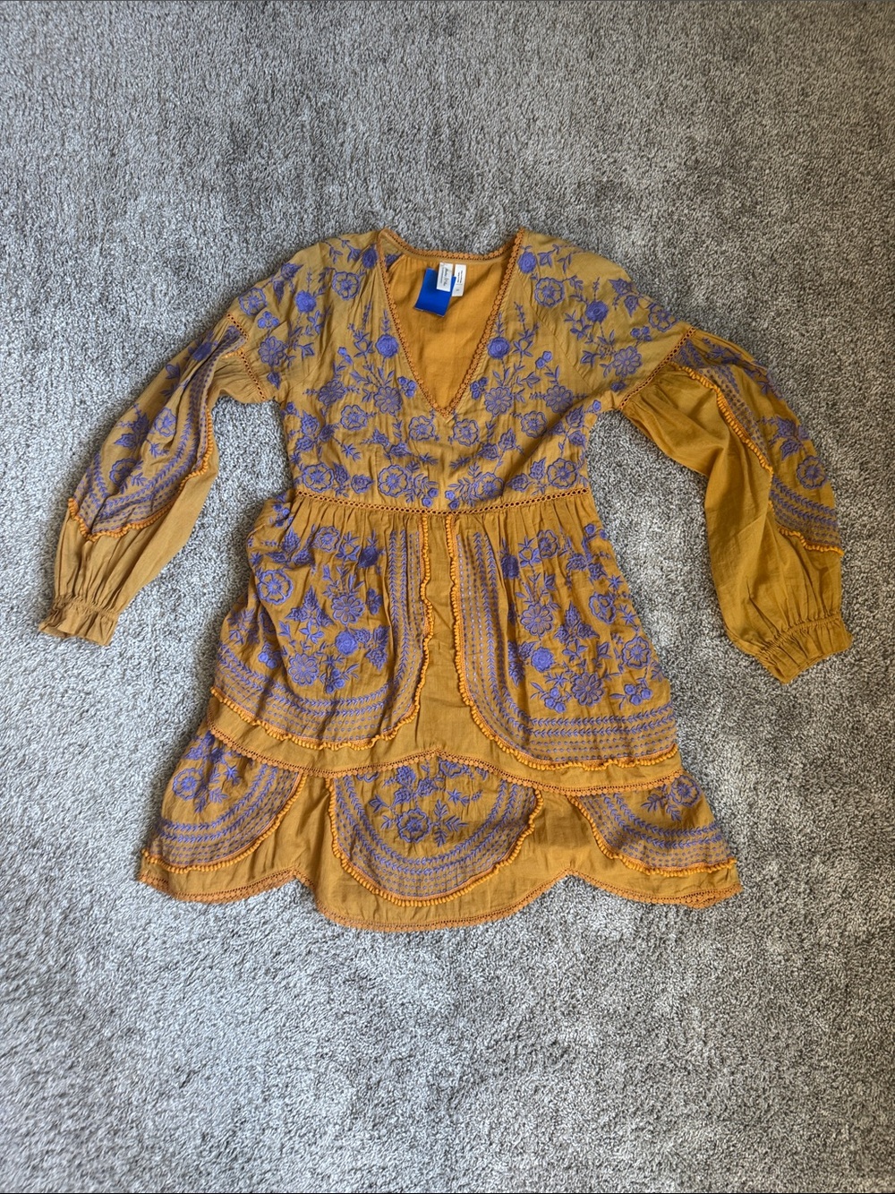 Anthropologie Mustard Yellow Dress with Lavender Embroidery
